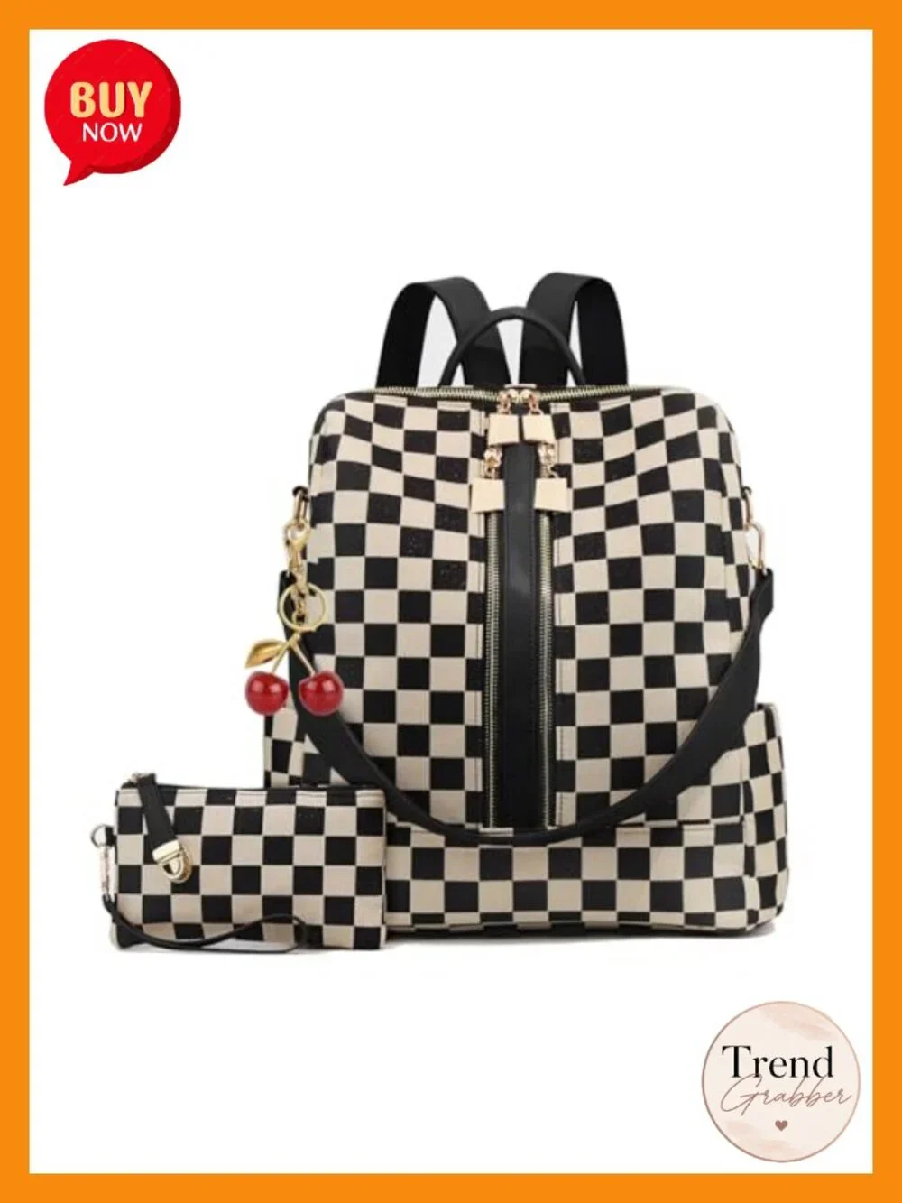 Checkered Fashion Backpack with Detachable Wallet, Canvas & Faux Leather,